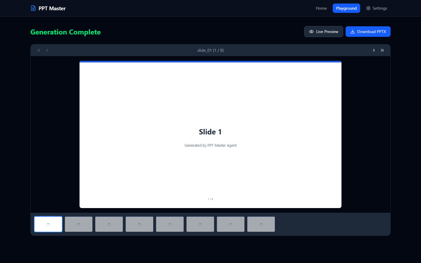 Executor Agent 逐页生成的 SVG 幻灯片网格 + Live Preview 按钮